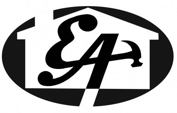 Black and white logo featuring an oval shape with the outline of a house and stylized letters "E" and "A" overlapping inside.