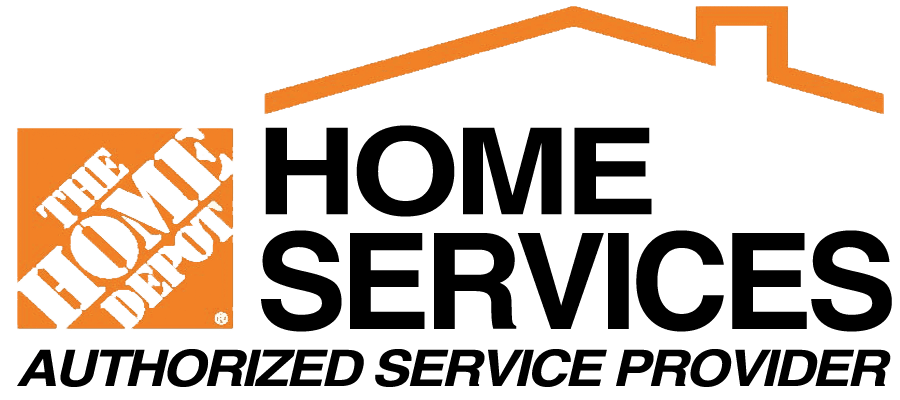 The Home Depot logo with the text "Home Services: Windows, Siding, Roofing + More" in black below it.