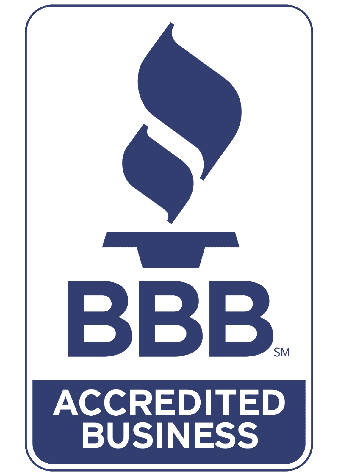 BBB Accredited Business logo featuring a torch above the letters "BBB" with the words "Accredited Business" below.